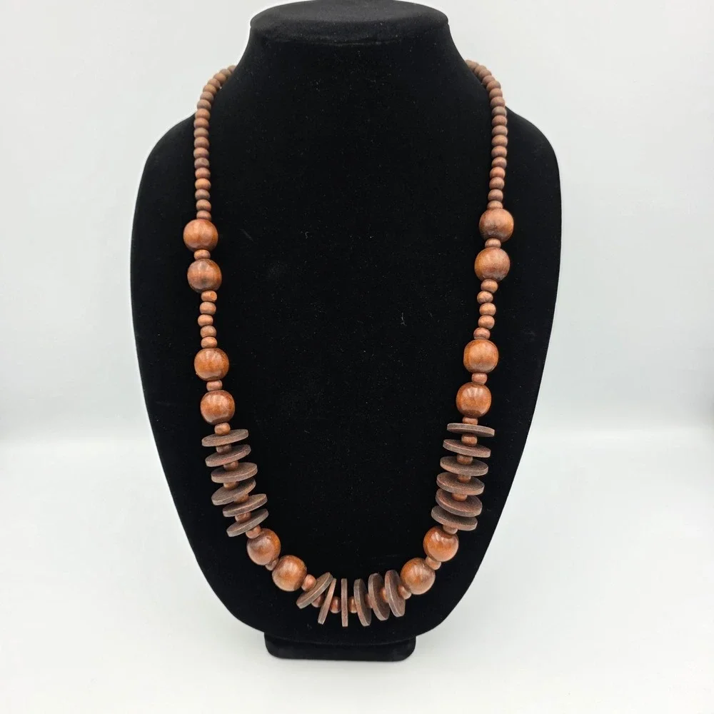 Wood Beaded Necklace Natural Wood 14.5